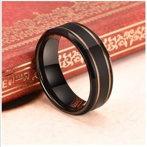 THREE KEYS JEWELRY 8mm Black Tungsten Carbide Ring–Rose Gold Accents–New in Box